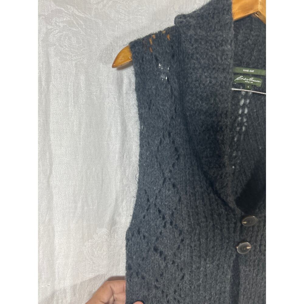Eddie Bauer Sweater Vest Small Gray Hand Knit Open Mohair Blend Chunky Long - Picture 5 of 12